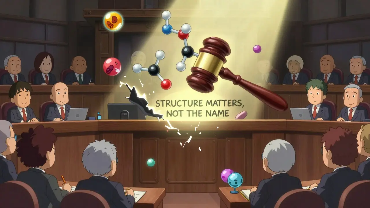 Drug molecules in a courtroom trial with immune cells as jurors and a molecular bond gavel.