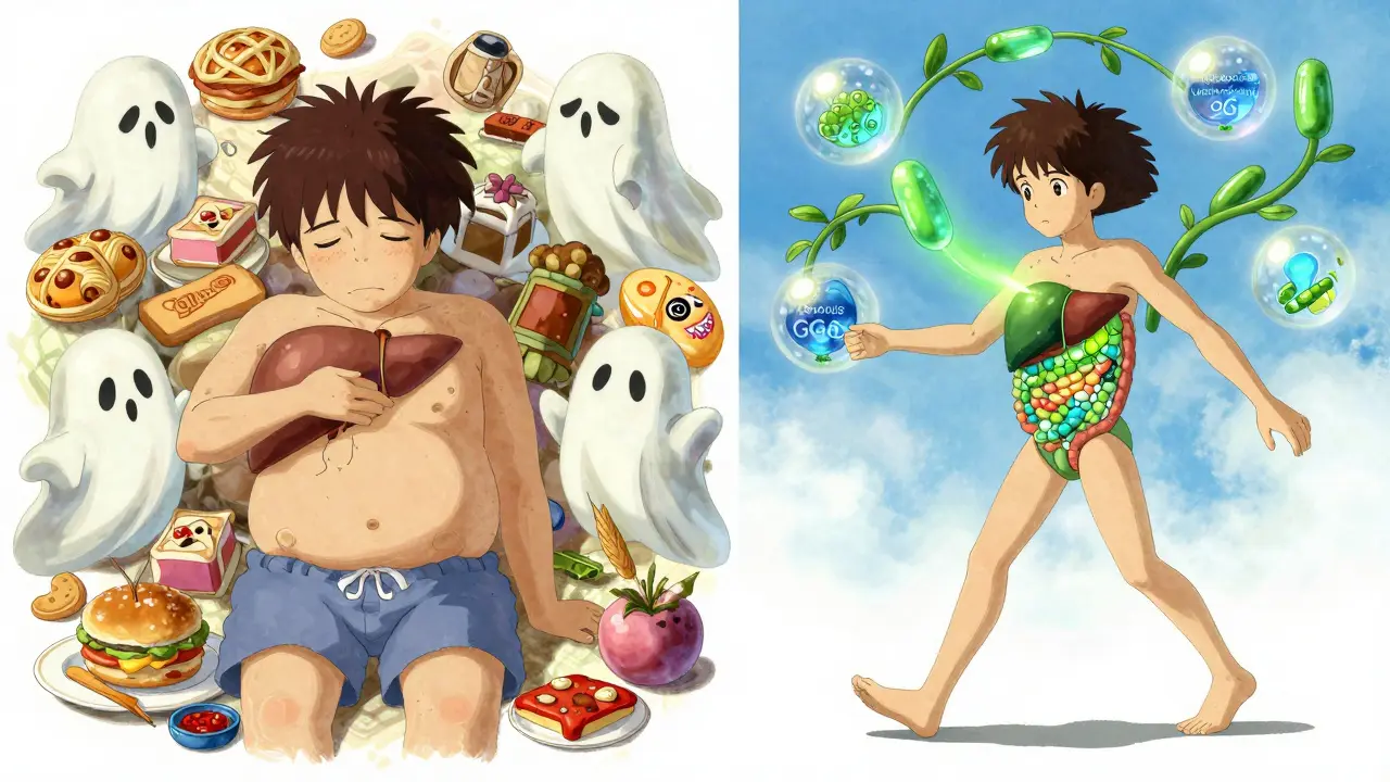 Dual portrait: unhealthy person with junk food ghosts vs. healthy person with probiotic orbs and repaired gut