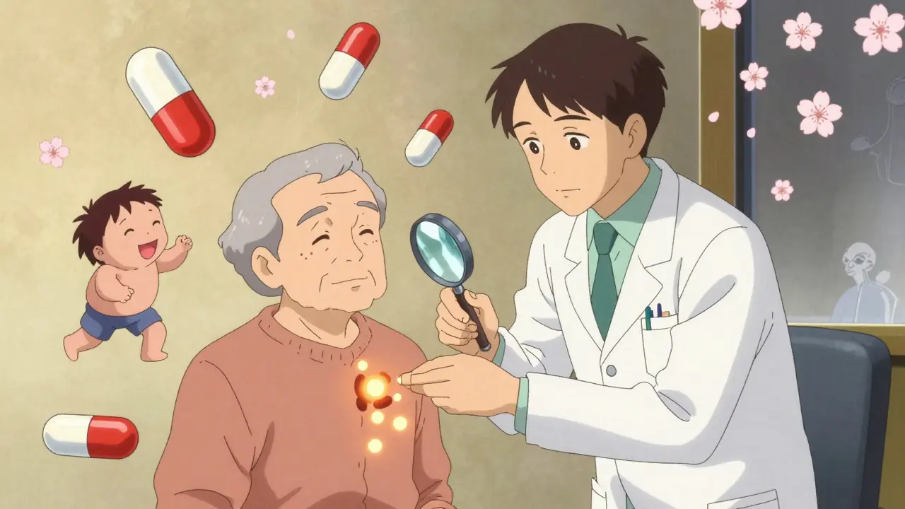 Elderly patient with floating pills, watched over by a pharmacist in a calming scene.