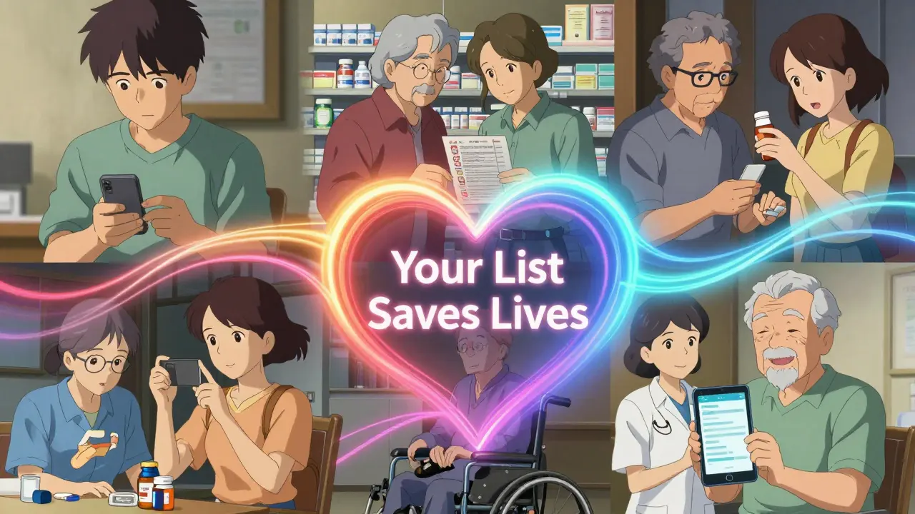 Five diverse people using different methods to manage medications, connected by colorful flowing lines forming a heart.