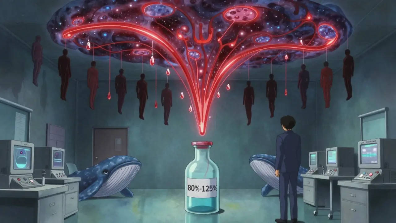 Floating volunteers connected to a cosmic AUC curve, with organic lab machines watching silently.