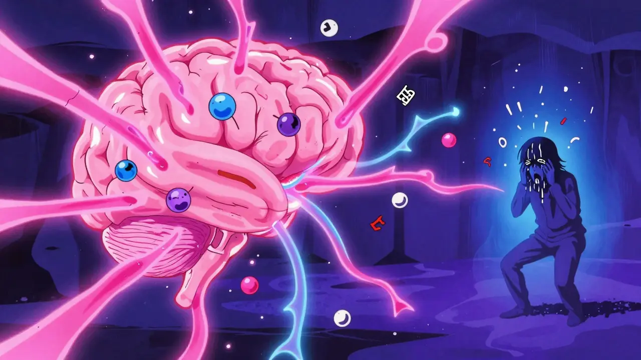 Neon serotonin molecules surging in a brain, causing violent physical reactions.