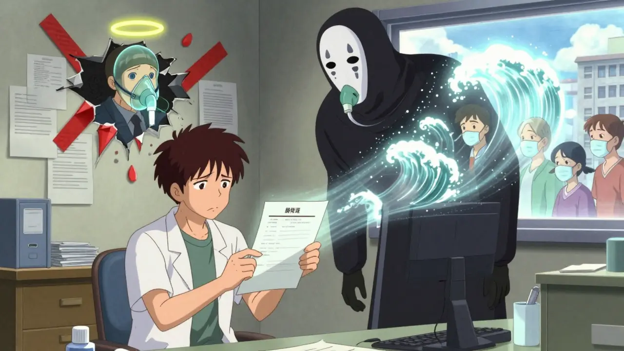 Patient facing insurance denial, while a glowing oxygen mask breaks through paperwork into a healing light wave.