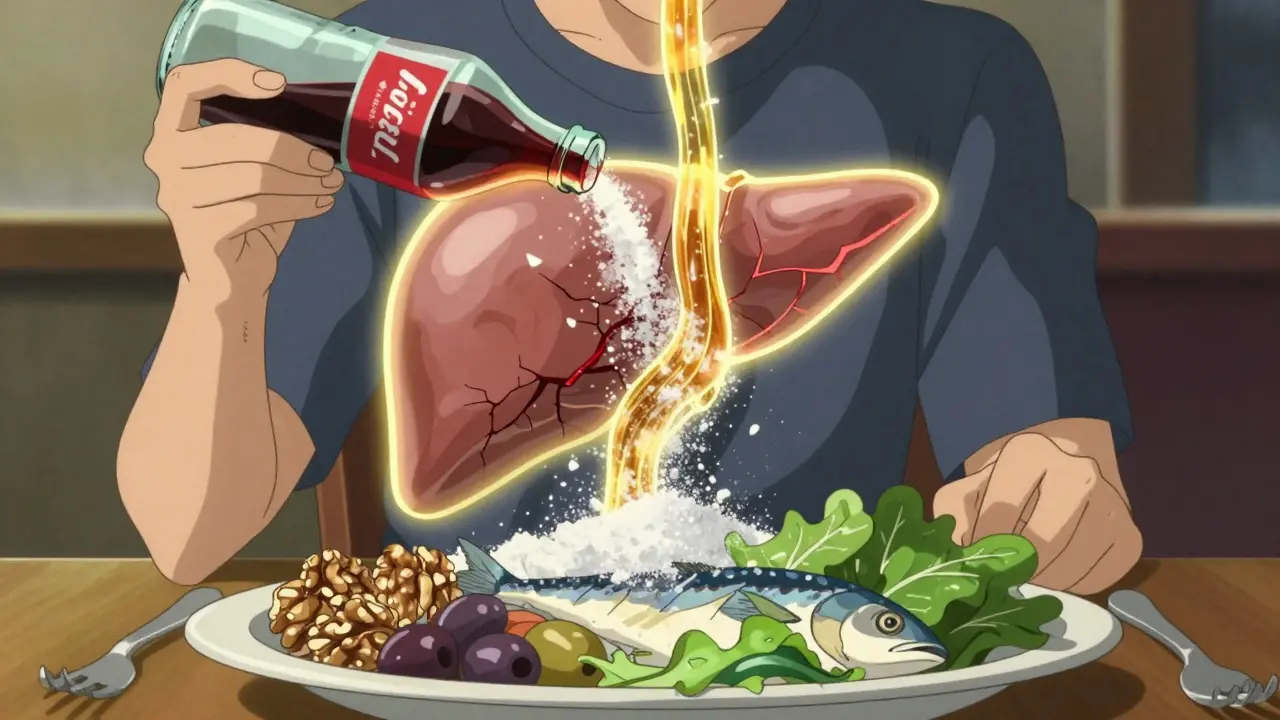 Person eating Mediterranean food as golden butyrate flows to liver while sugar shards rain down