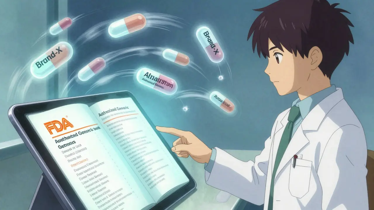 Pharmacist pointing to a glowing FDA Orange Book screen with floating identical pills spinning beside it.