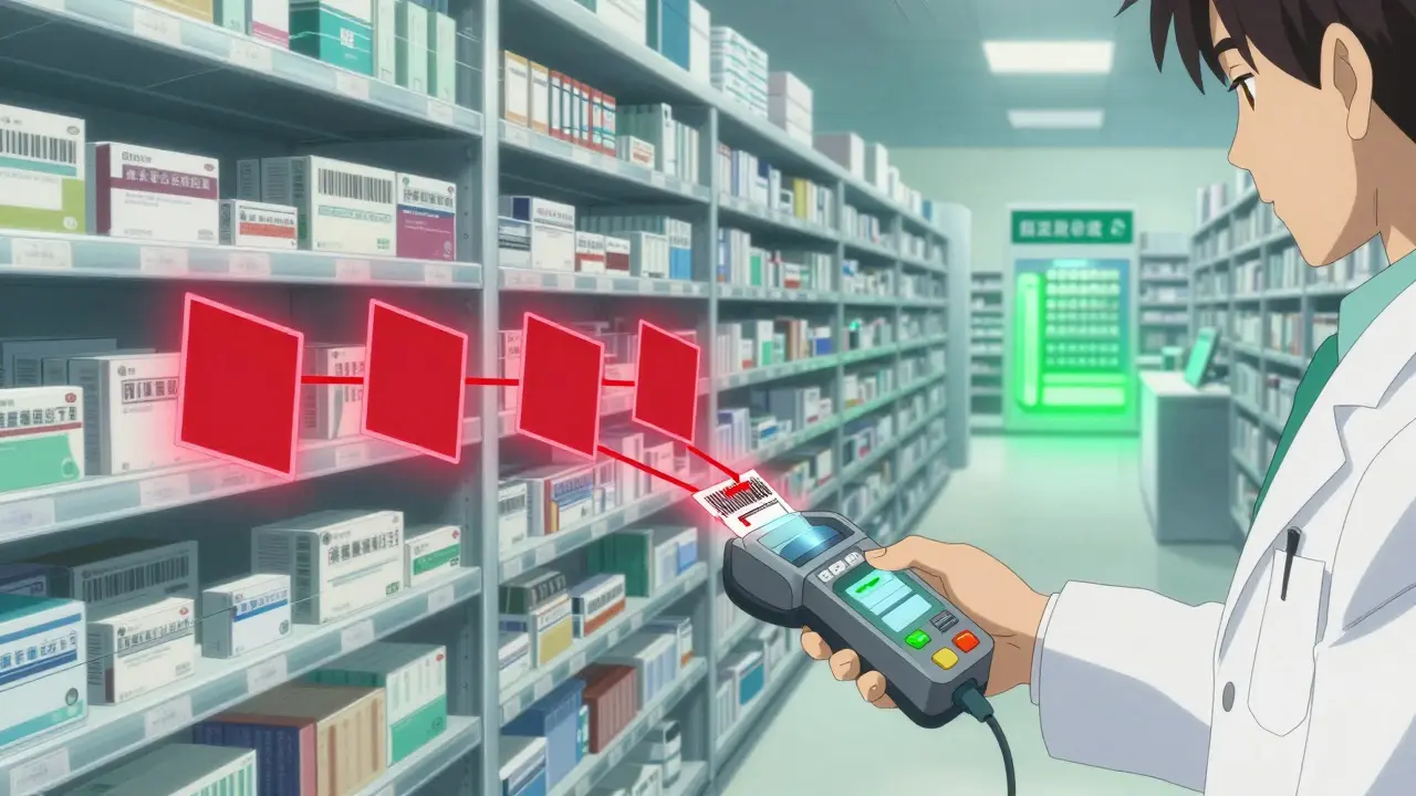 Pharmacist scanning medicine package with real-time digital verification system glowing in anime style.