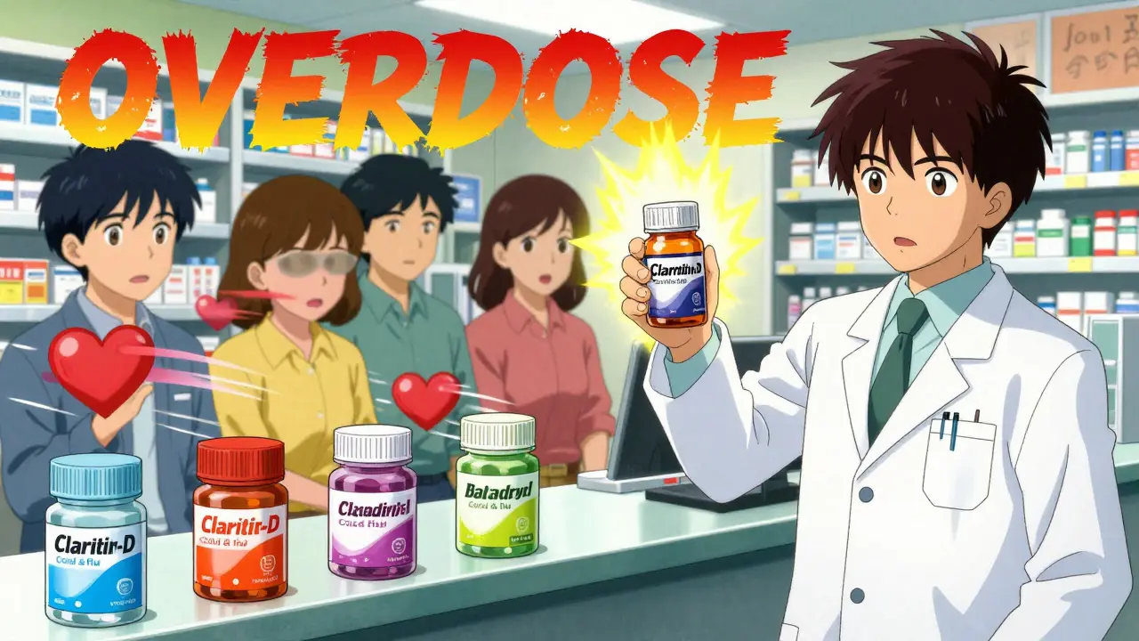 Pharmacist warning customers who are stacking cold medicines, their bodies glitching into symptoms like racing hearts and blurred vision.