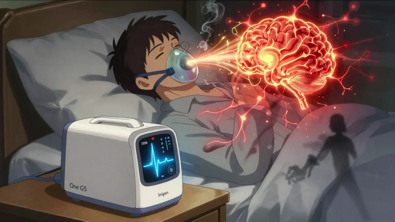 Portable oxygen device on a nightstand, with neural pathways glowing as oxygen calms brain pain.