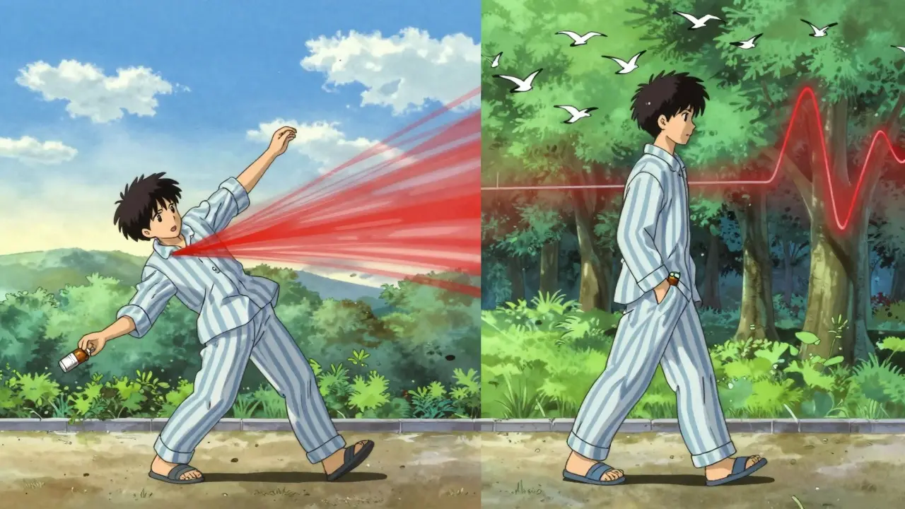 Split scene: person stumbling in daylight vs. walking peacefully at dawn, symbolizing relief from side effects.