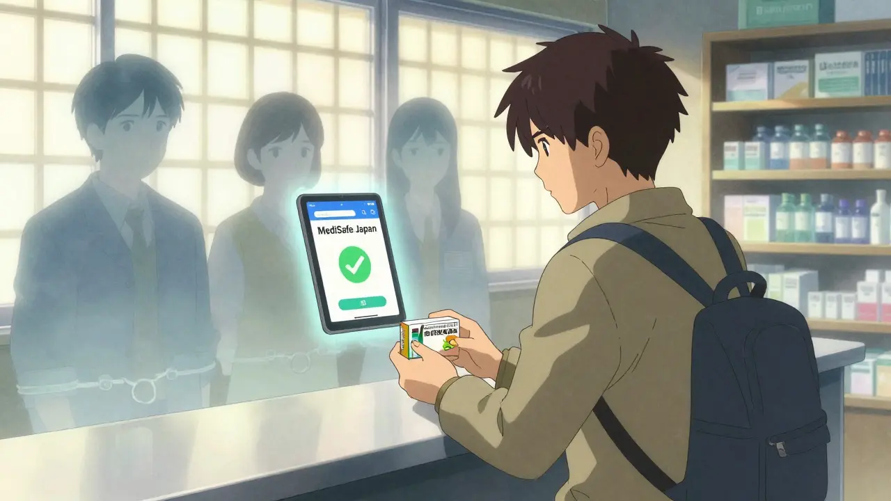 Traveler at foreign pharmacy holding safe medicine, ghostly detained travelers fading in background