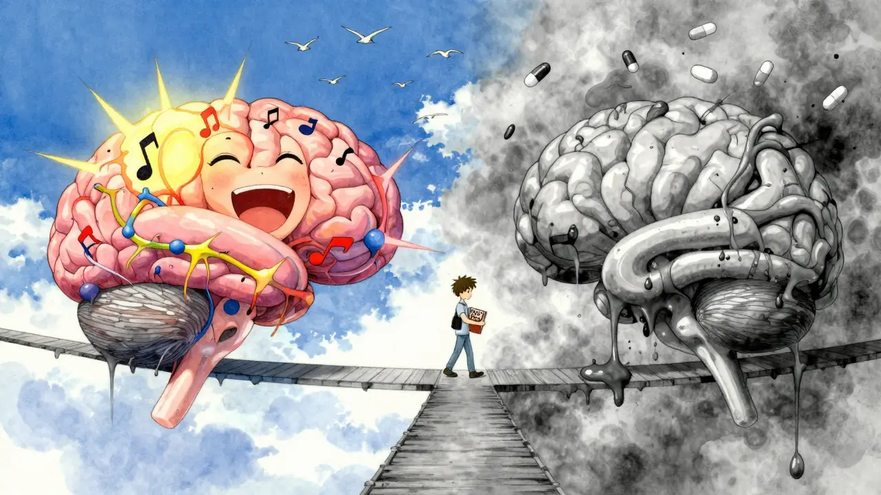 Two contrasting brain landscapes connected by a bridge, one vibrant, one desolate, with a person holding a mood journal.
