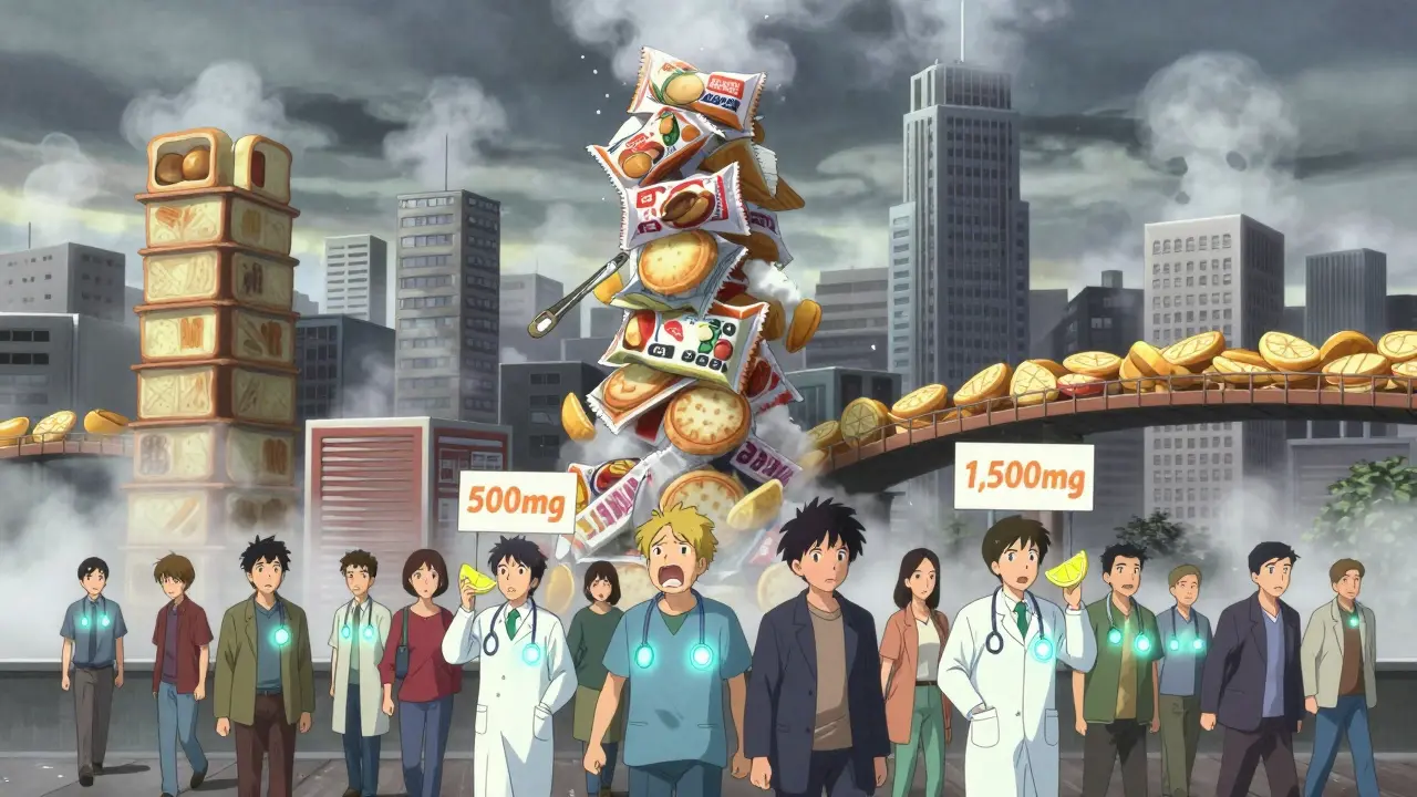 A city made of packaged foods emits salty fog, while people dismantle it with lemon wedges and signs showing low-sodium targets.