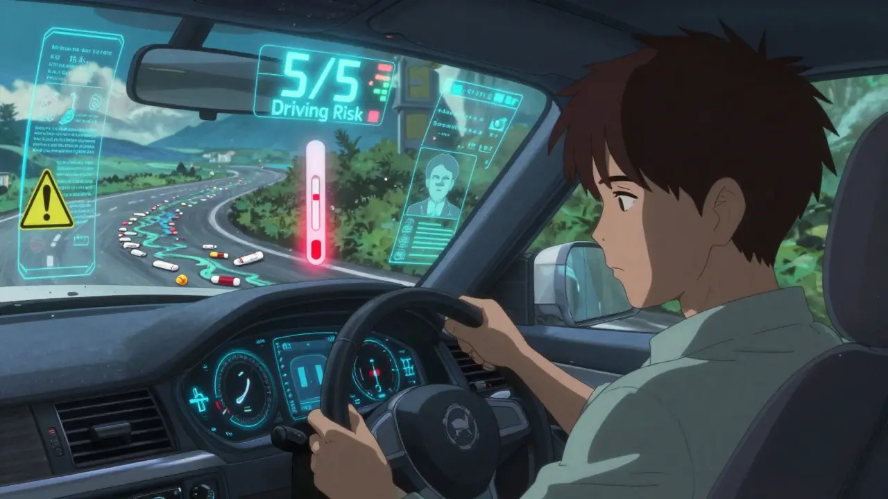 A futuristic car with a glowing 5/5 risk score and saliva test detecting drug impairment.