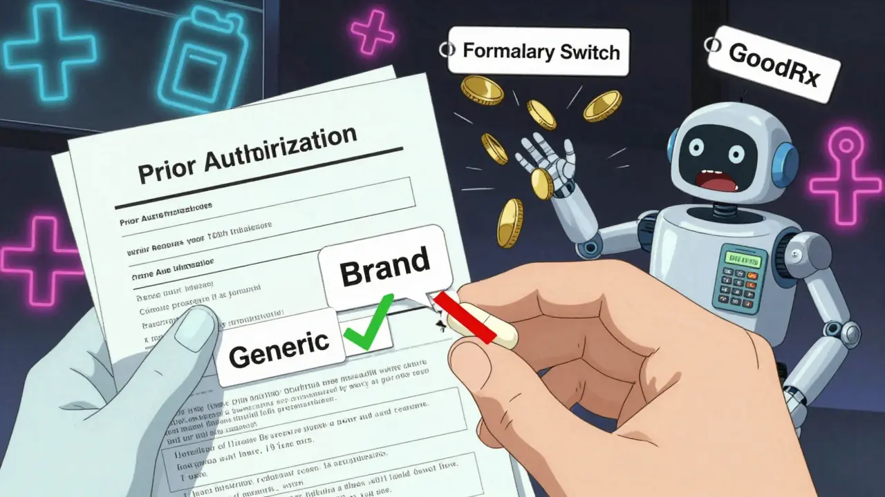 A hand holding generic and brand pills, with a doctor filing paperwork as a PBM robot tosses coins, surrounded by floating price tags and medical symbols.