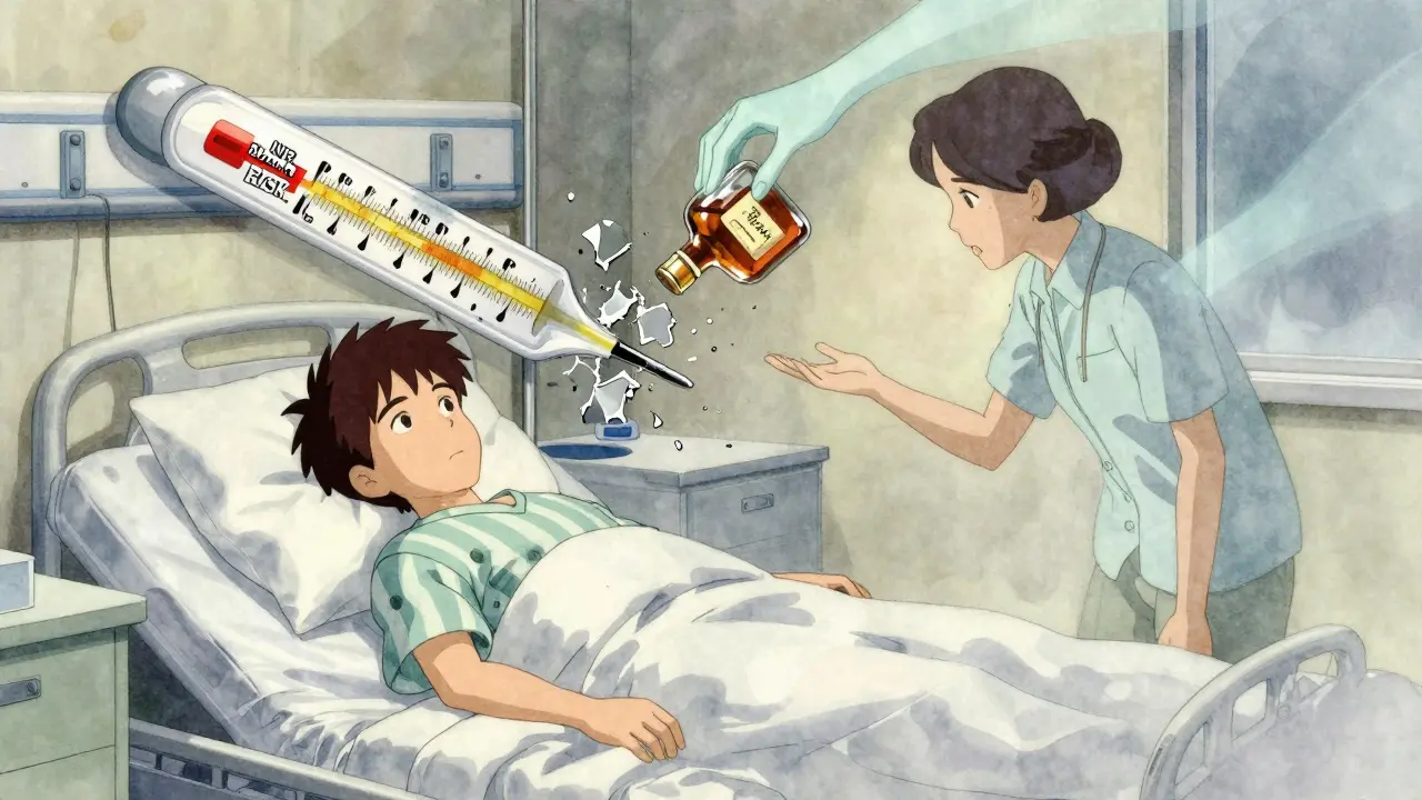 A hospitalized patient beside a fractured INR thermometer, ghostly alcohol molecules reaching from a broken bottle, with a counselor nearby in dreamlike style.