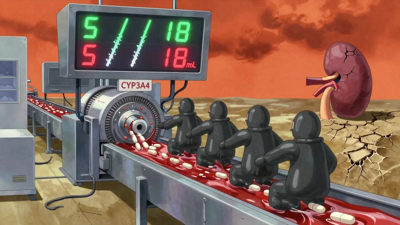 A human bloodstream factory where azole workers jam the enzyme turbine, causing tacrolimus levels to spike.