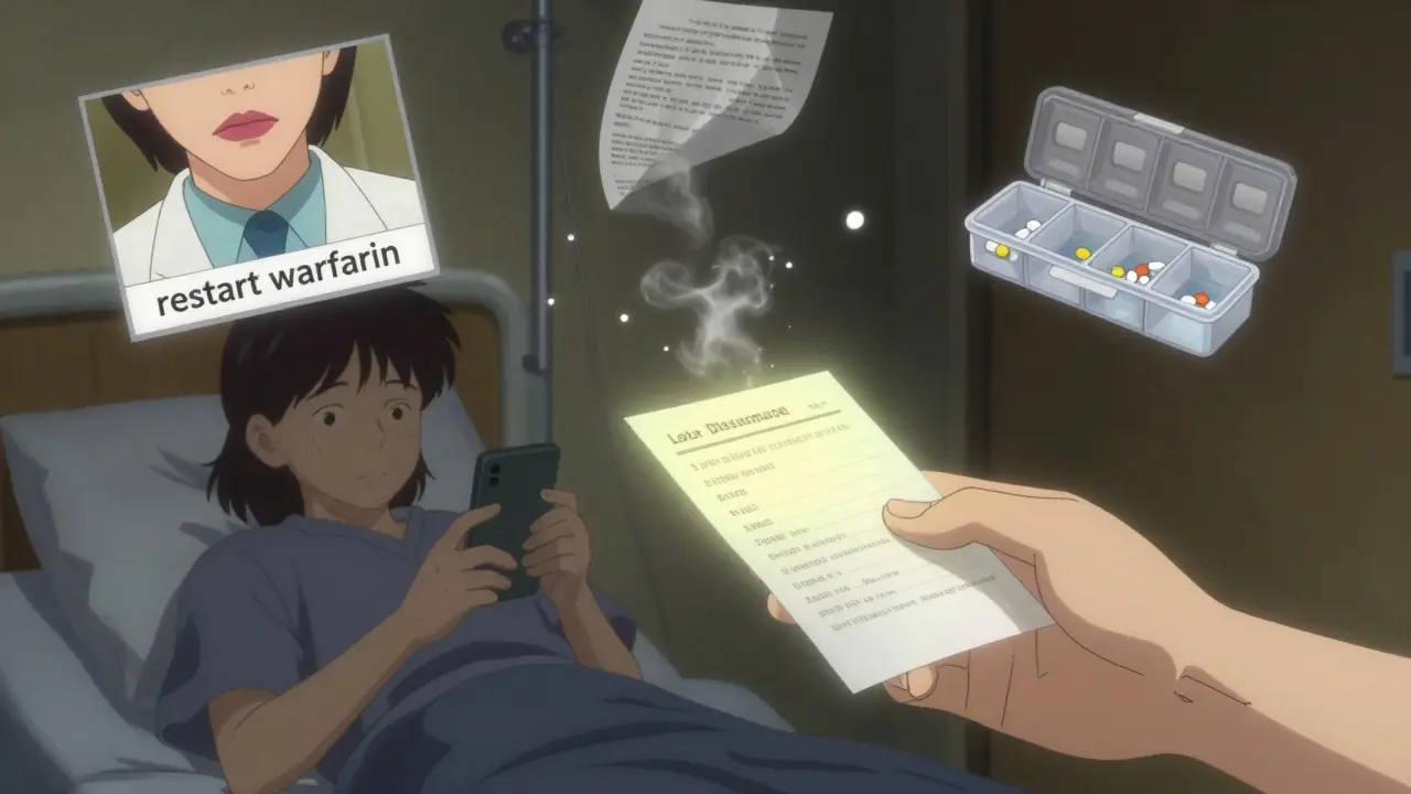 A patient takes medication at home while fragmented hospital memories float around them, one glowing discharge list in hand.