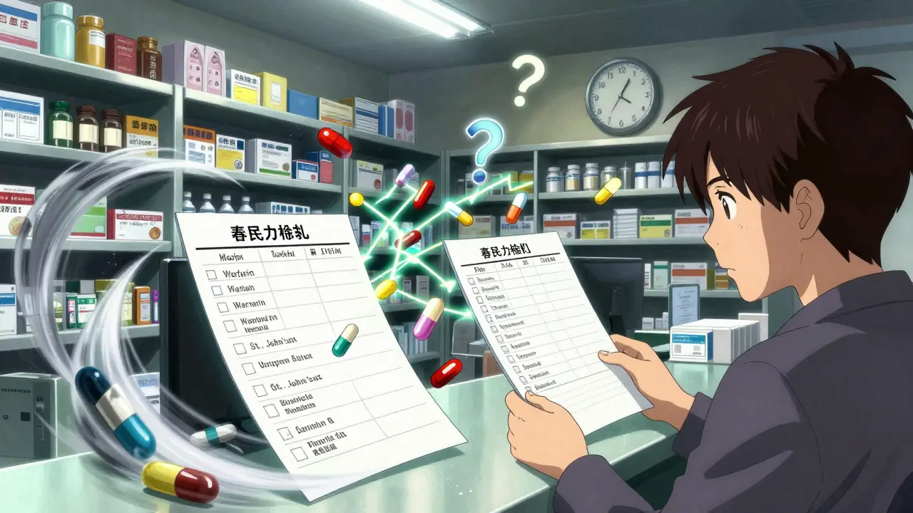 A pharmacist compares two medication lists as electric interactions spark between conflicting pills in a pharmacy.