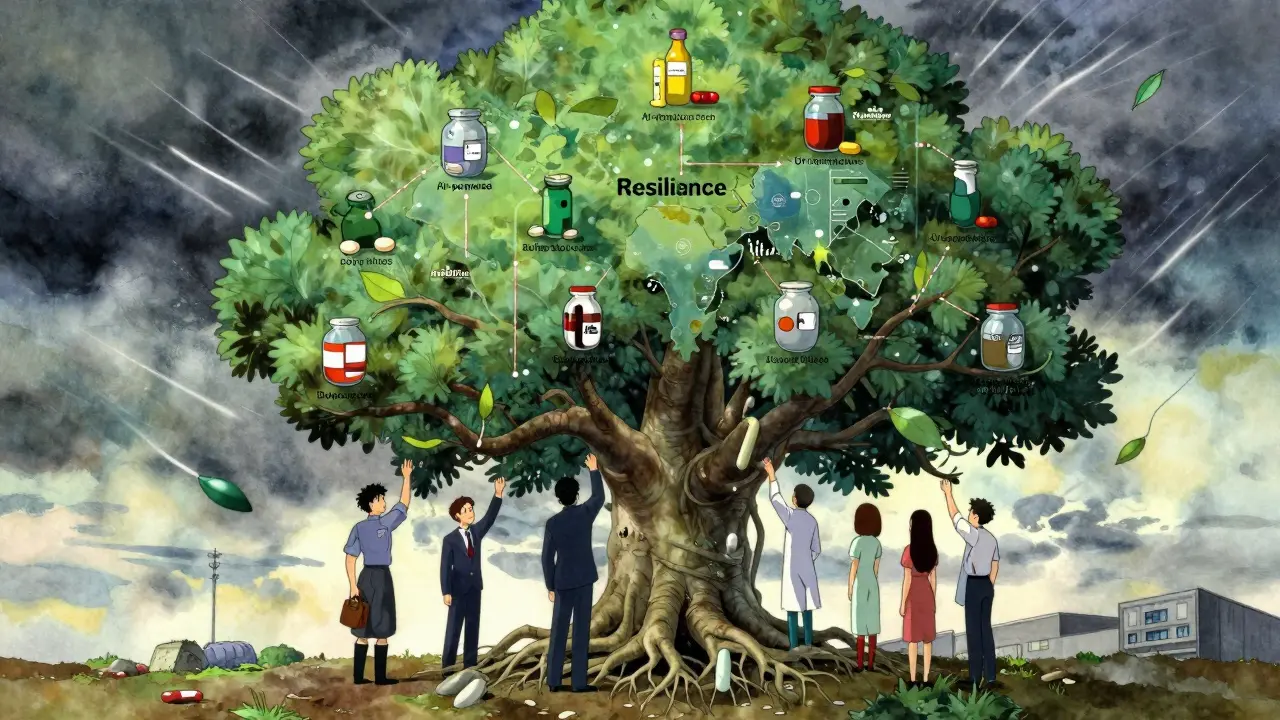 A resilient tree with diversified roots, AI trunk, and buffer stock branches, standing strong against a storm of drug shortages.