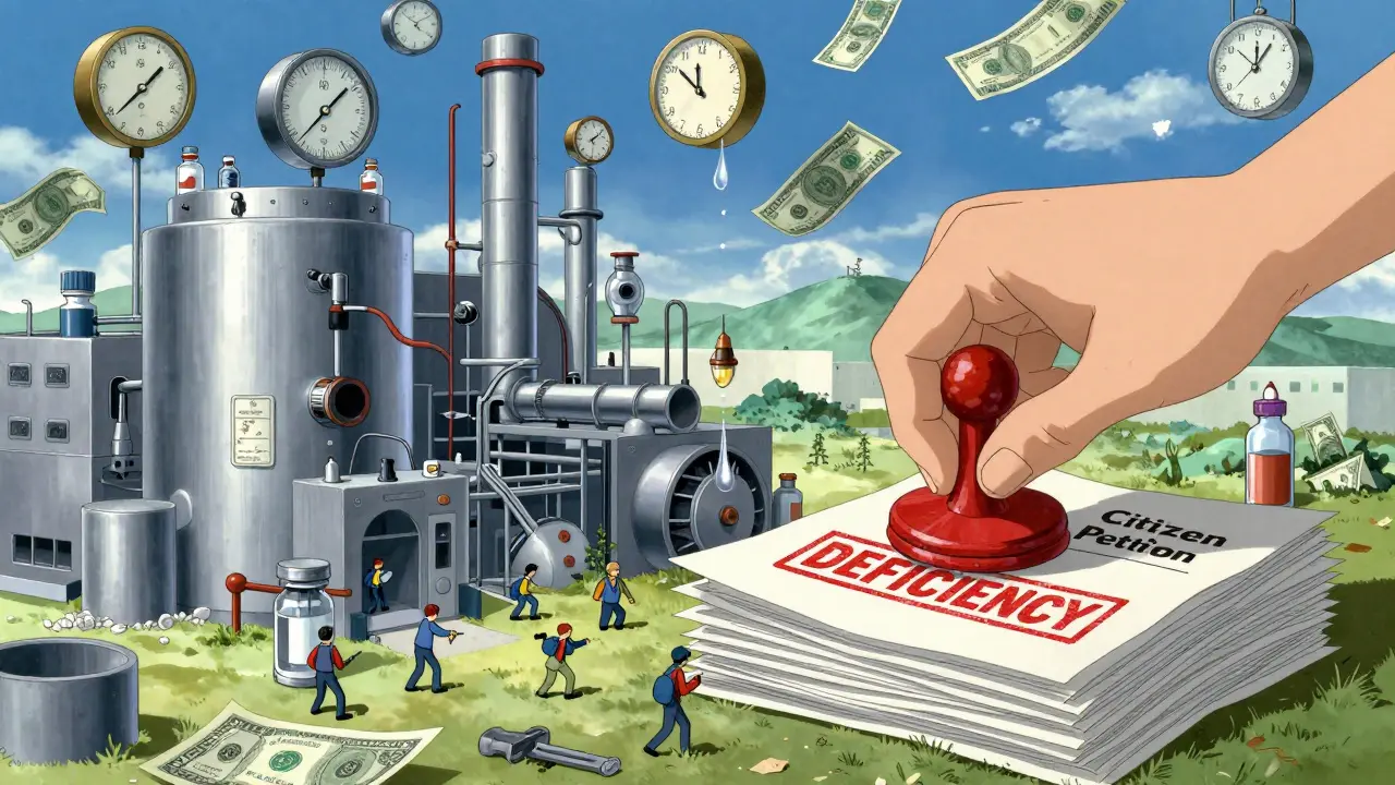 A surreal factory with broken machinery and a giant 'DEFICIENCY' stamp, under a sky of 30-month clocks and dollar bills.