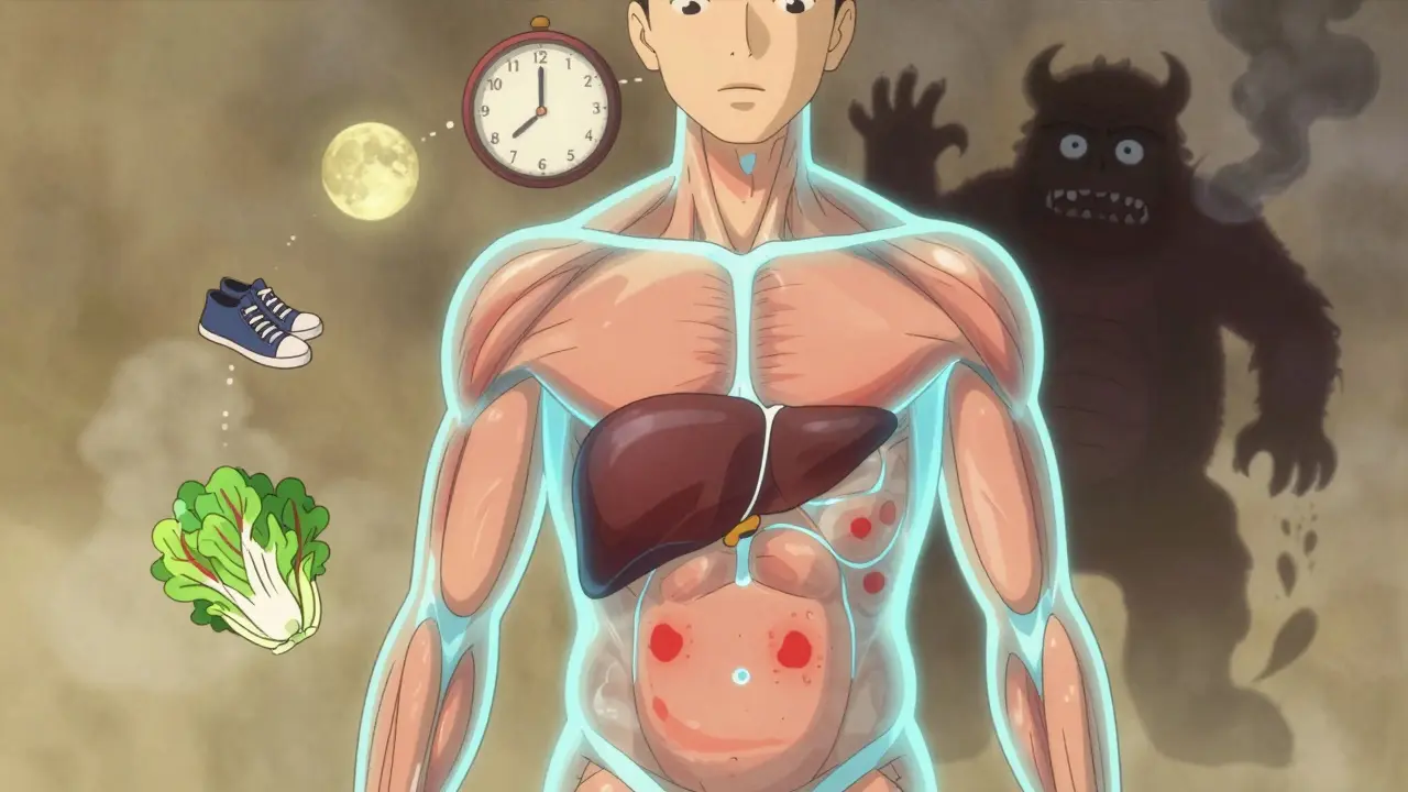 A transparent human torso showing visceral fat fading as healthy lifestyle icons glow around it, with a diabetes monster dissolving.