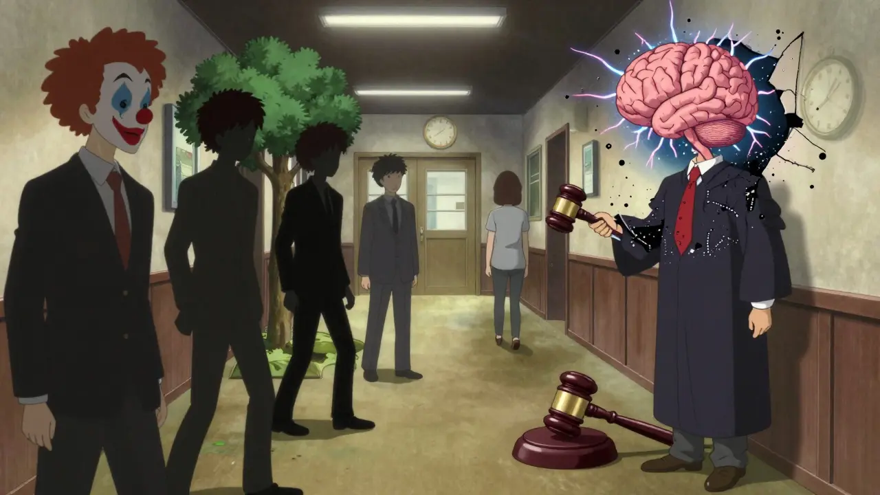 Eyewitnesses in a courtroom whose memories distort into surreal, shifting images under the weight of bias.