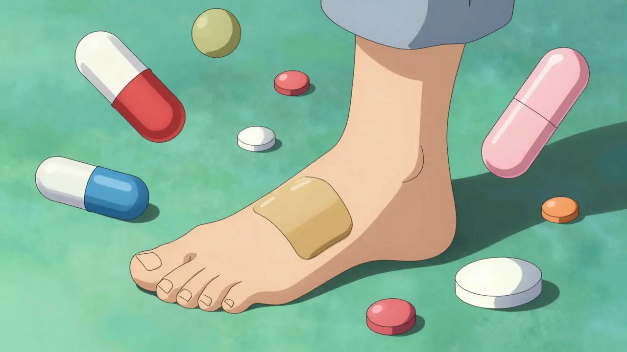 Floating abstract medication symbols around a foot in vibrant anime style