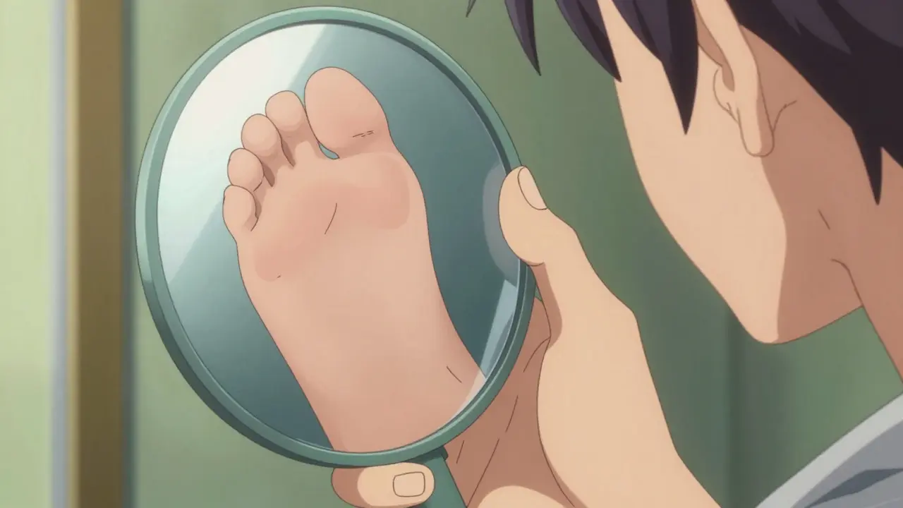 Hand holding mirror reflecting foot with blister in vibrant anime style