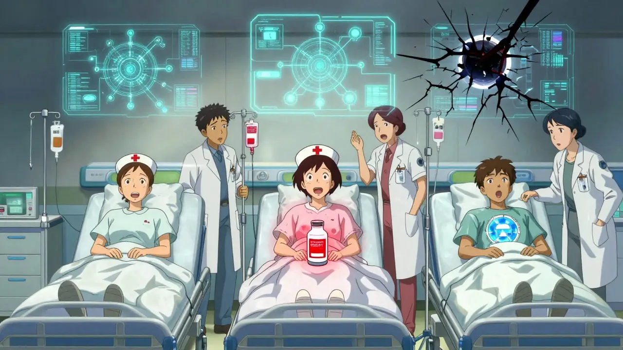 ICU scene with three parallel realities: empty IV, substituted drug, and calm treatment, while AI networks map supply routes above.