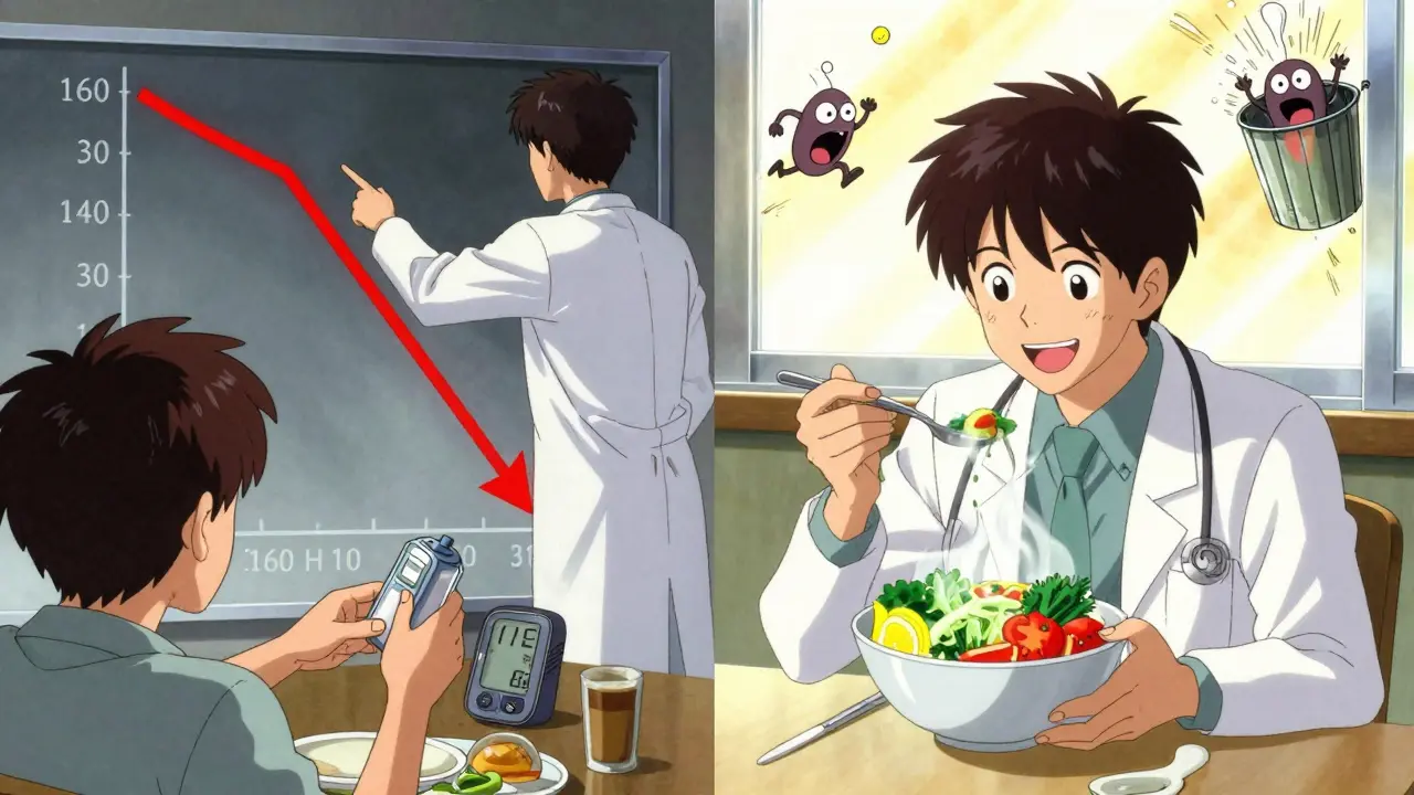 Split scene: a doctor points to a falling blood pressure graph as a patient eats healthy food, salt demons fleeing in the background.