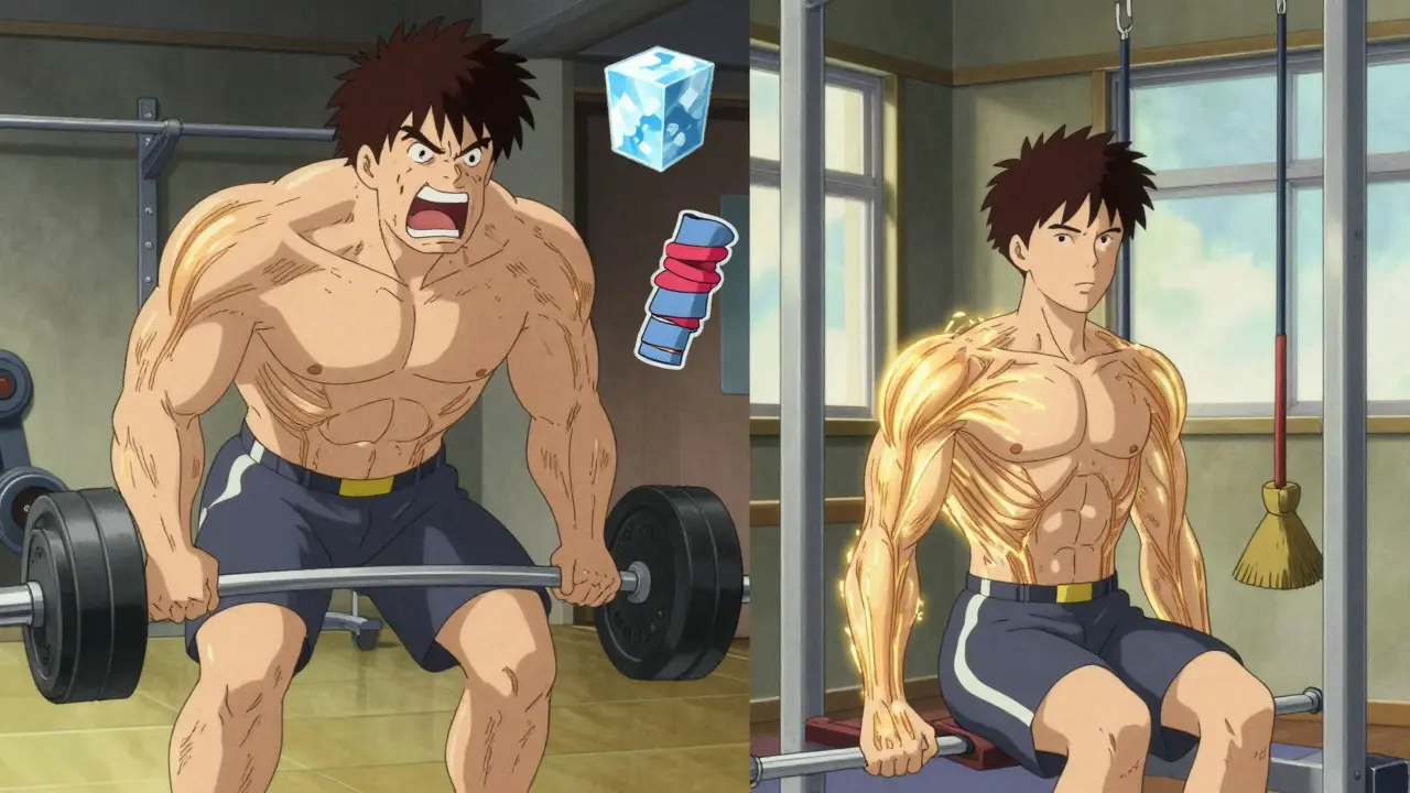 Split scene: a person in pain lifting weights versus the same person calmly doing rehab exercises with healing energy.