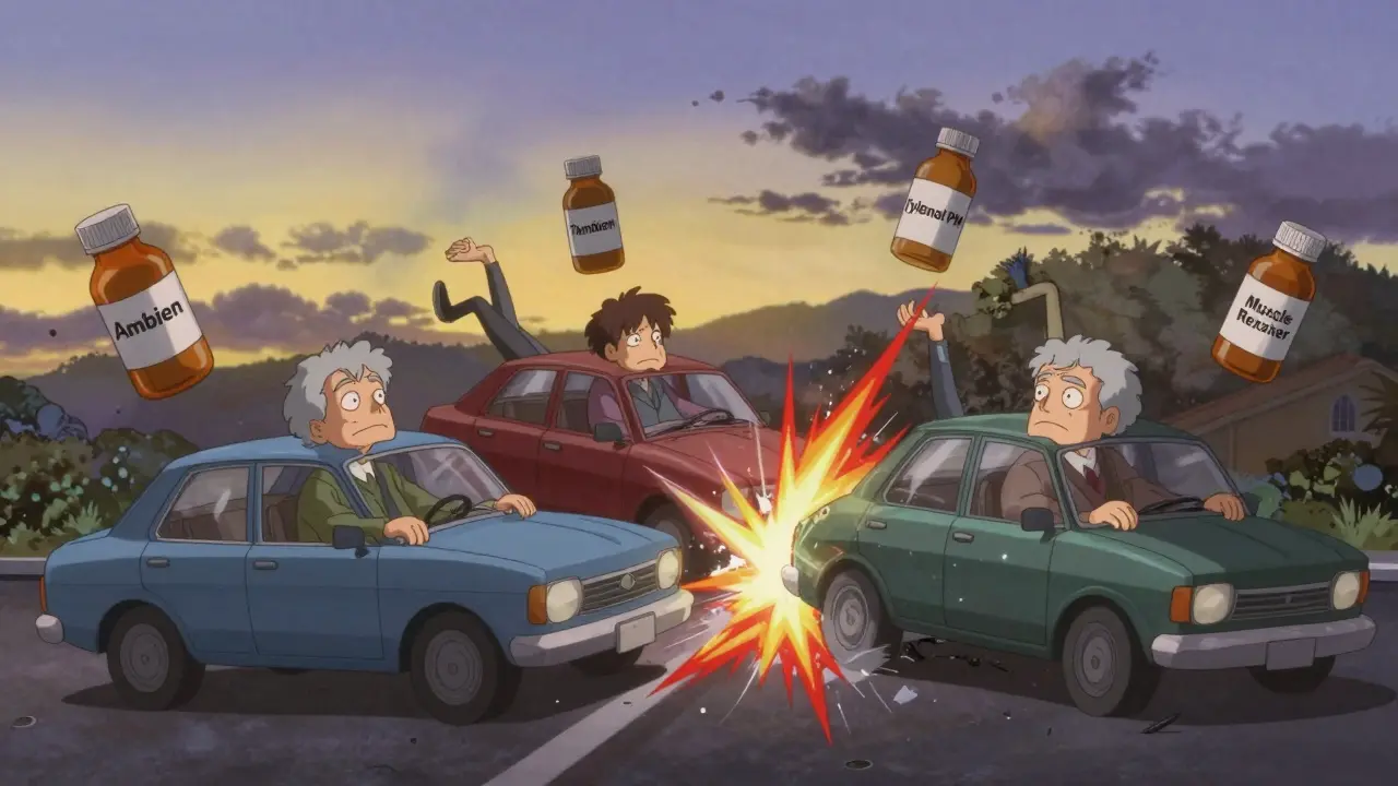 Three elderly drivers in distorted motion, surrounded by floating medication bottles at a frozen crash scene.