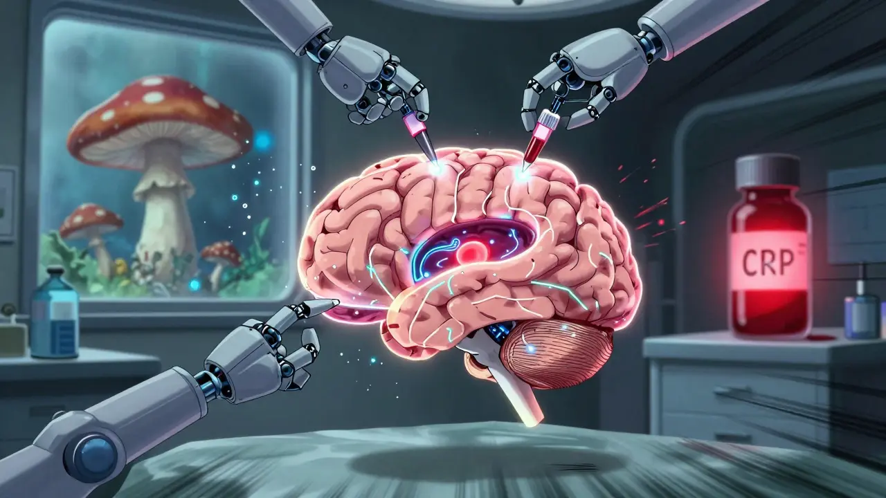 A glowing brain with electrodes being inserted, surrounded by symbols of psilocybin and inflammation markers in a surreal medical scene.