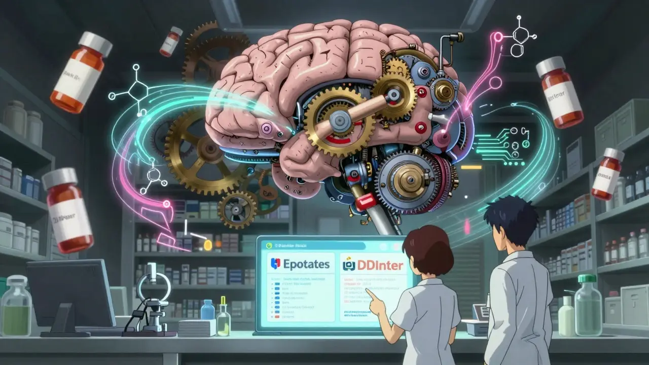 A mechanical brain displays drug interaction data in a pharmacy, with pharmacist and patient observing alerts.