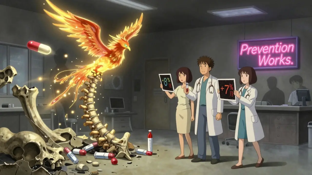 A medical battlefield where pills rebuild bones, with two patients showing improved density scans under a glowing sign.