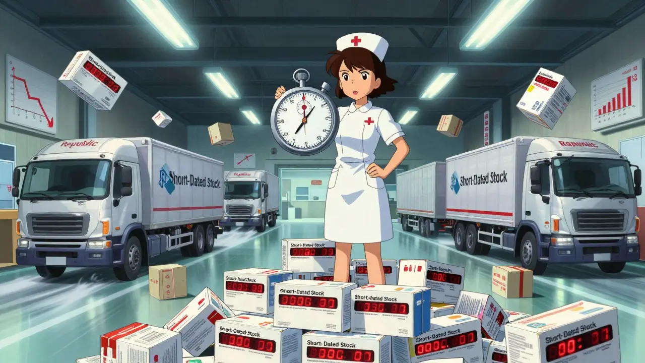 A nurse manages glowing expiration dates on discounted medications in a clinic transformed into a dynamic warehouse.