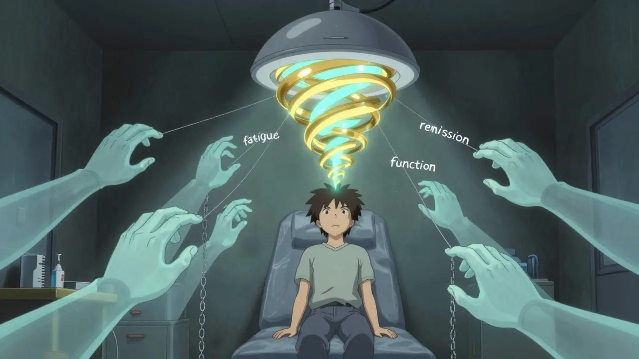 A patient receiving rTMS therapy as magnetic pulses lift them from emotional chains, with glowing threads of remission above.
