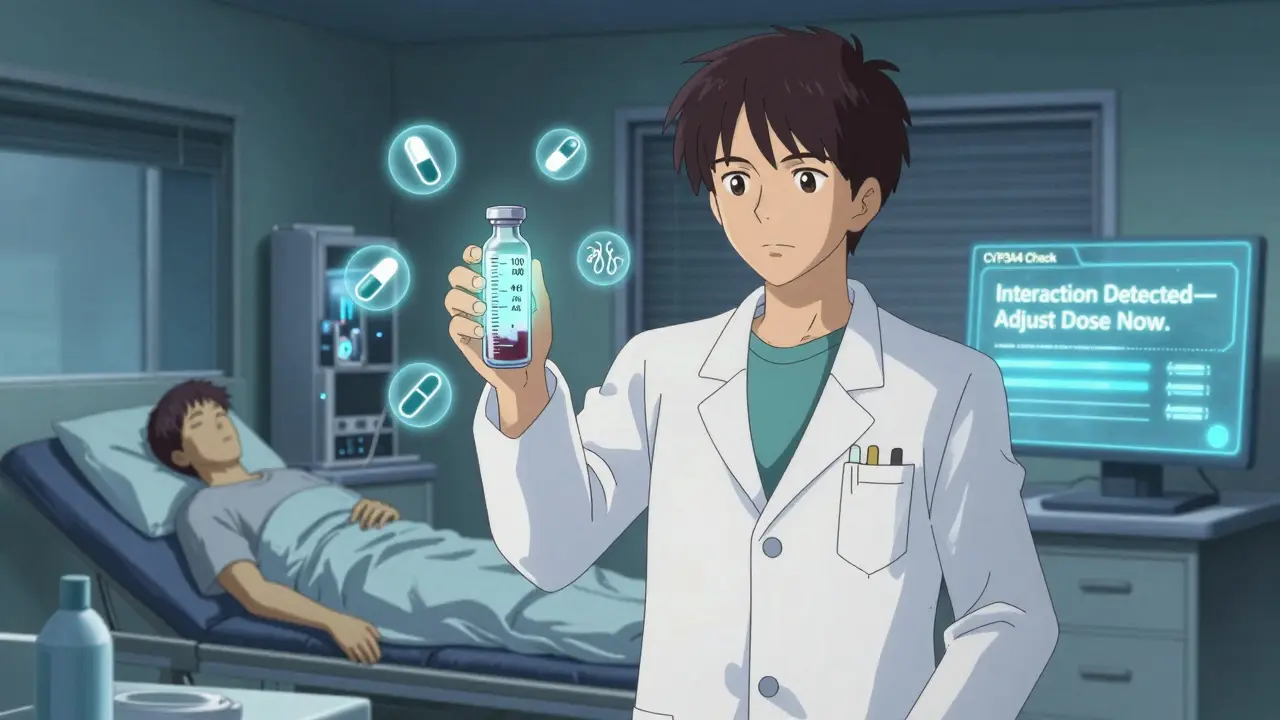 A pharmacist monitoring cyclosporine blood levels with digital alerts for drug interactions in a clinic.