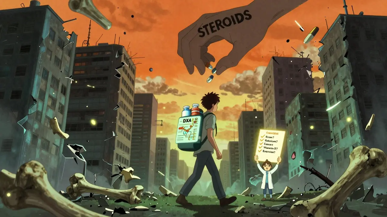 A walker in a crumbling city of bone fragments, carrying supplements and a scan, while a giant hand drops pills overhead.