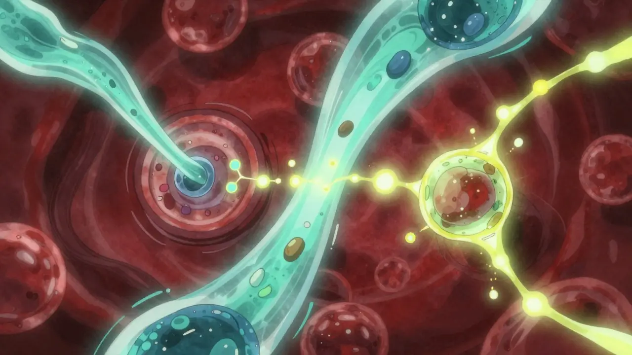 Abstract anime art showing medicine molecules flowing in veins.