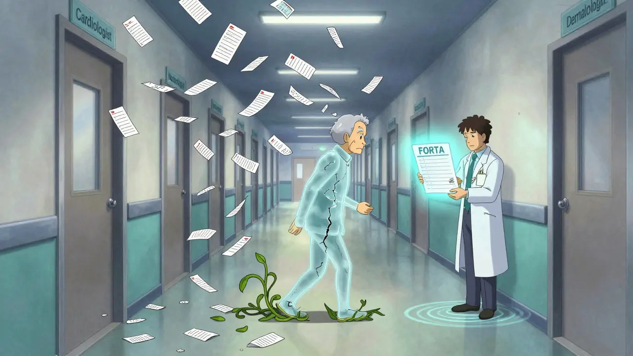 An elderly man overwhelmed by prescriptions raining down from multiple doctors, stabilized by a pharmacist with a FORTA checklist.