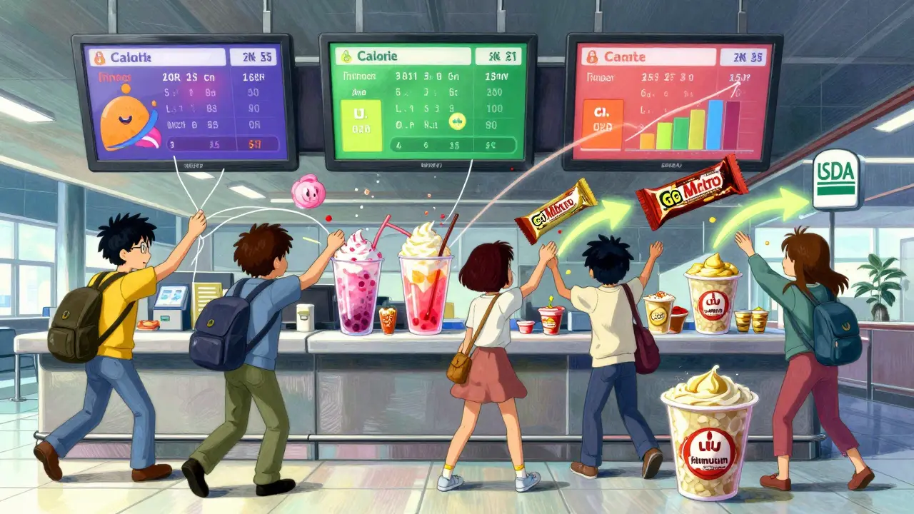 Digital kiosk at airport displays animated nutrition data as travelers are pulled toward healthy or unhealthy snacks by glowing arrows.