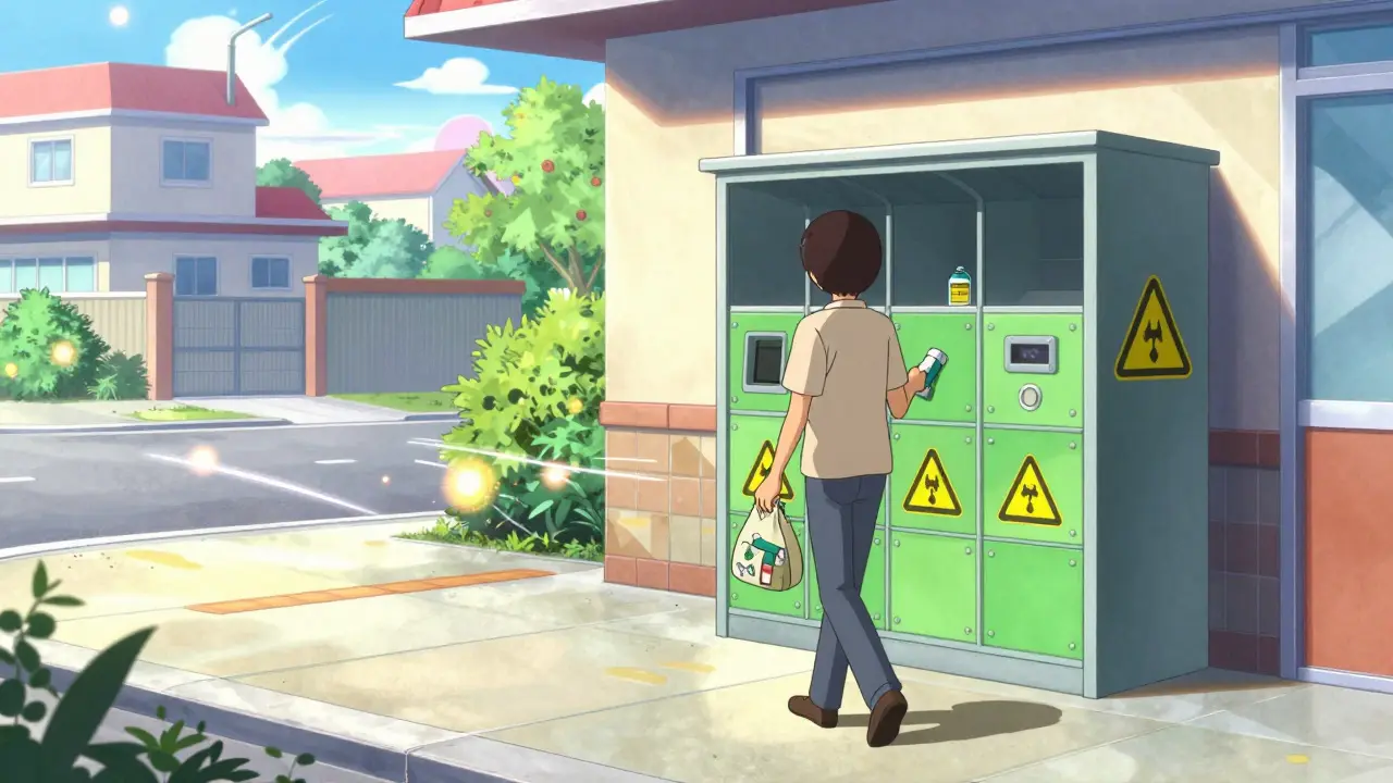 Person disposing of inhaler at drop-off site anime style.