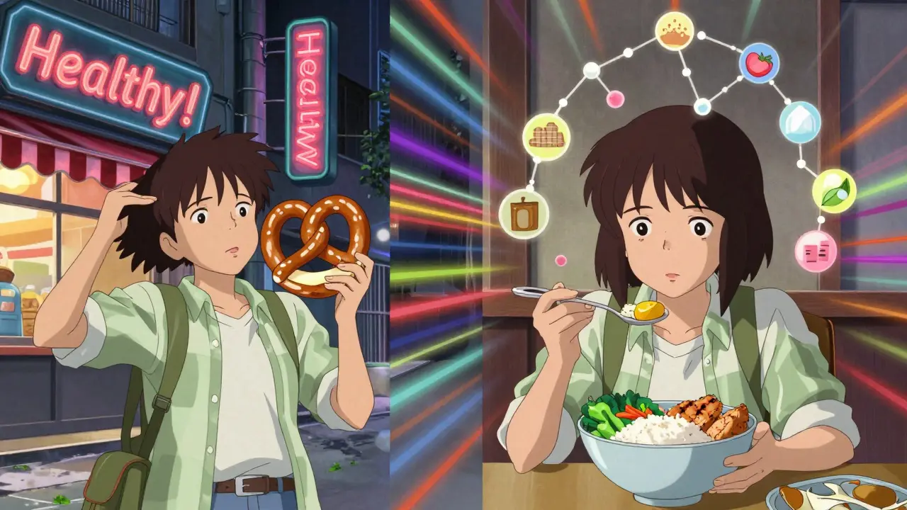 Split scene: traveler choosing junk food vs. balanced meal, with nutrient icons glowing above them in surreal airport setting.