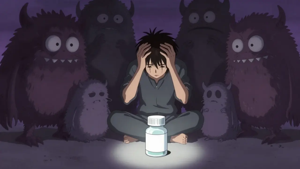 Stylized figure overwhelmed by anxiety clouds around a medicine.