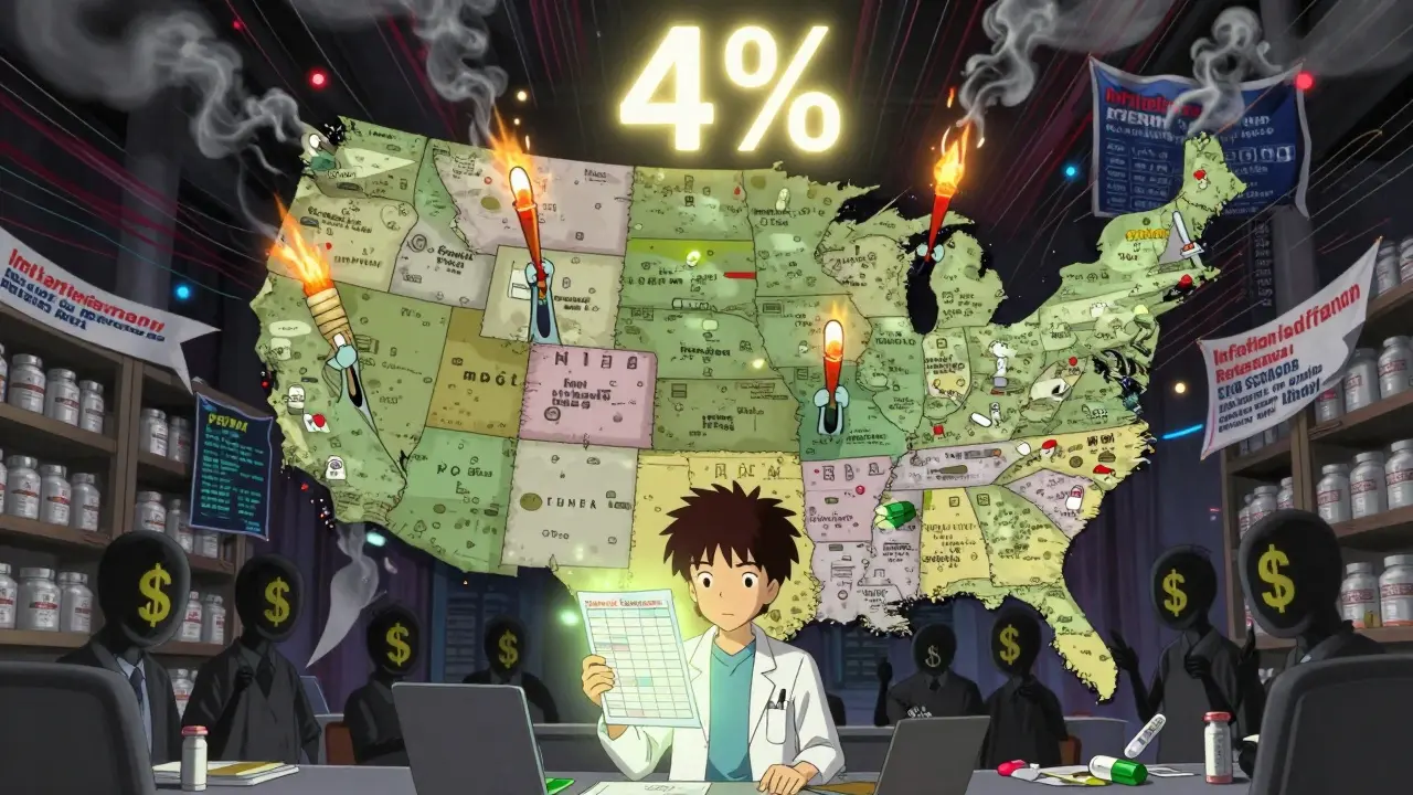 Thirty U.S. states unite as humanoid figures holding pills, defeating shadowy middlemen in a symbolic battle for drug savings.