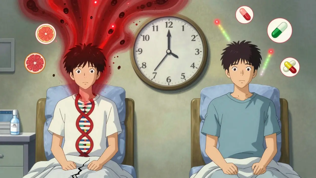 Two patients with identical cyclosporine doses showing drastically different drug levels due to genetic differences.