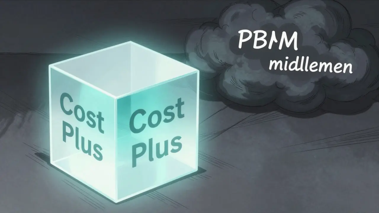A glowing transparent cube representing honest drug pricing against a cloudy background in an anime style.