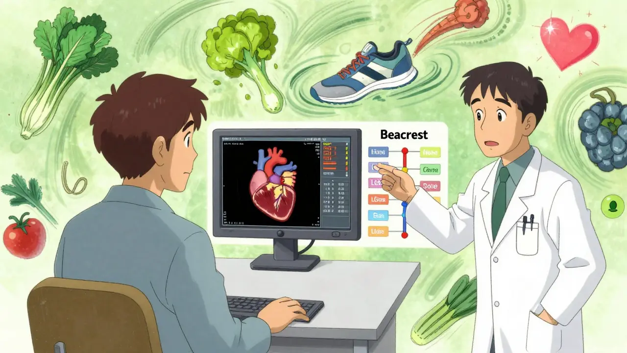 A man feeling motivated to change his lifestyle after seeing his heart scan results in anime style.