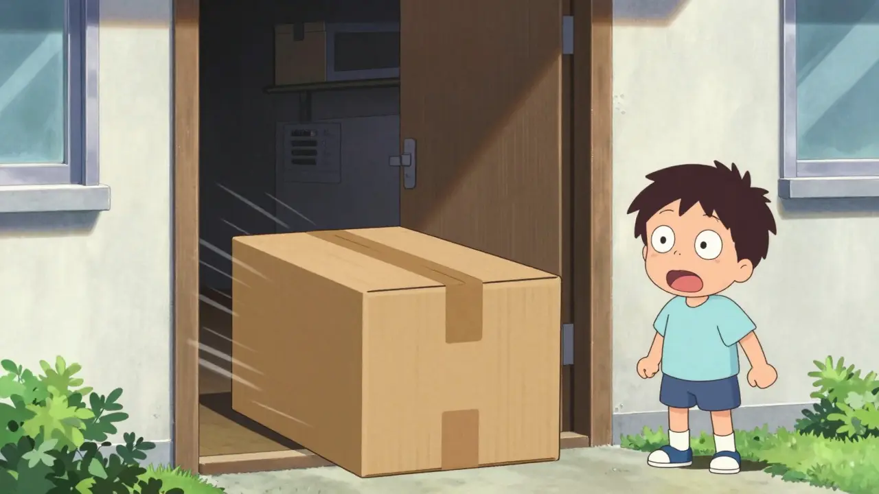 A medical delivery box arriving at a doorstep with a happy character nearby.
